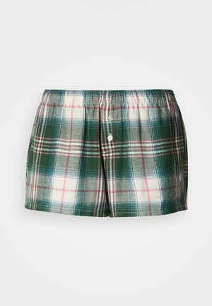 Languoti vyriški trumpikės su žalia, balta ir rožine rašto spalvomis, elastinga juosmens juosta ir dviem priekinėmis sagomis. Pagaminti iš lengvos medžiagos.