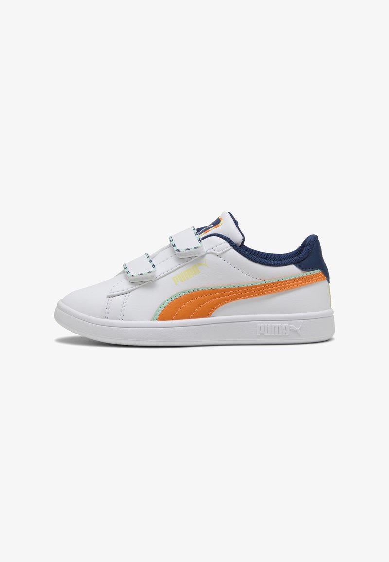 White sneakers with orange and teal accents, featuring a smooth synthetic upper, Velcro straps, and a textured rubber sole.