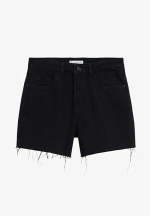 Sorte denimshorts med rå, flossede kanter, knaplukning foran, bæltestropper samt lommer foran og bagpå.