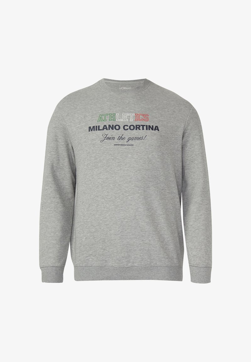 Sweat-shirt gris à manches longues avec l'inscription "ATHLETICS MILANO CORTINA Rejoignez les jeux !" imprimée sur le devant en texte vert, blanc, rouge et noir.