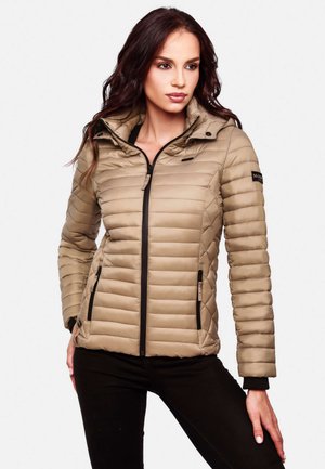 Beige puffer jacket with horizontal stitching, zip closure, and side pockets. Features a hood and black accents along the zipper and cuffs.