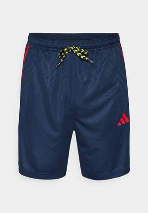 Navy blue athletic shorts made of mesh fabric, featuring a yellow and black drawstring and red accents on the sides and Adidas logo.