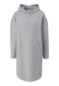 Šedé mikinové šaty s kapucí, které mají polo zip, dlouhé rukávy a přední kapsu. Vyrobeny z měkké, strukturované látky.