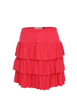 Rode gelaagde minirok met drie geplooide ruches en een elastische tailleband.