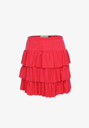 Rode gelaagde minirok met drie geplooide ruches en een elastische tailleband.