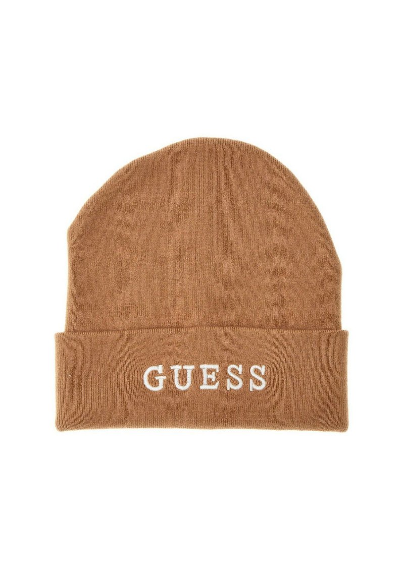 Beanie di colore marrone realizzata a maglia con risvolto a costine. Presenta la scritta bianca "GUESS" sul davanti. Tessuto morbido e vestibilità aderente.