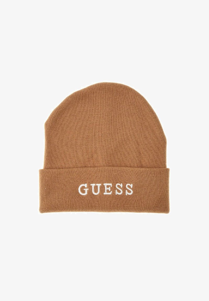Beanie di colore marrone realizzata a maglia con risvolto a costine. Presenta la scritta bianca "GUESS" sul davanti. Tessuto morbido e vestibilità aderente.
