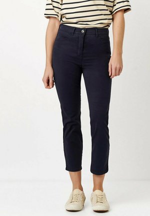Dark navy cropped trousers with a fitted design, made from cotton fabric, featuring a front button closure and side pockets.