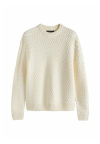 Cremfarbener Pullover mit einem strukturierten Zickzackmuster, geripptem Rundhalsausschnitt und langen Ärmeln, aus einem weichen, gewebten Stoff gefertigt.
