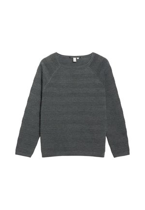 Ciemnoszary sweter z długim rękawem z poziomymi, teksturowanymi paskami i okrągłym dekoltem, ułożony na płasko na białym tle.