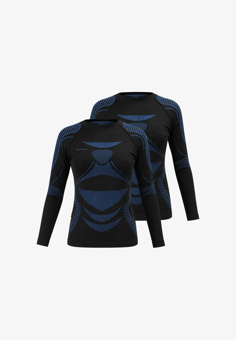 Black long-sleeve shirts featuring blue textured patterns and accents, with a round neckline and fitted design. Two shirts are displayed.