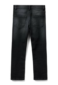 Jeans en denim noir avec une coupe droite, dotés de deux poches arrière, de passants de ceinture et d'une texture lisse. Aucun matériel ou ornement visible.