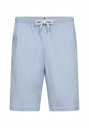 Bañadores de color azul claro con rayas verticales blancas, cinturilla elástica, cordón ajustable y detalles metálicos para un ajuste seguro.