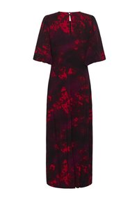 Rochie maxi în model abstract roșu și negru, cu mâneci scurte pufoase și închidere cu fermoar la spate. Țesătură netedă cu un design fluid.