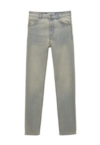 Jeans de mezclilla azul claro con cinco bolsillos, cremallera y passadores para cinturón. La tela tiene un acabado ligeramente desgastado y un diseño de pierna recta.