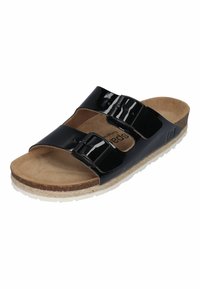 Black patent slide sandals with two adjustable straps, cork footbed, and textured rubber outsole. Smooth surface and neutral color.