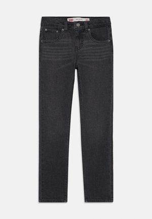 Jeans in denim nero con una vestibilità slim, caratterizzati da un classico design a cinque tasche, chiusura con bottone e passanti per cintura, che mostrano una texture liscia.