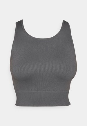Grijze geribbelde crop top met een ronde halslijn en een aansluitende band aan de onderrand. Gemaakt van een stretchy stof voor comfort en bewegingsvrijheid.