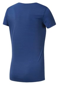 Mörkblå kortärmad t-shirt med rund hals, slät struktur och en figurnära passform, med subtila sömmar längs sömmarna.