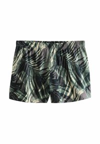Męskie kąpielówki z wzorem ciemnozielonych i beżowych liści tropikalnych oraz elastycznym pasem, na białym tle.