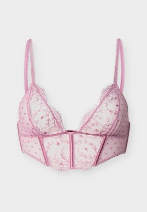Ροζ δαντελένιο σουτιέν bralette με κεντήματα λουλουδιών, διάφανο ύφασμα, λεπτές ρυθμιζόμενες τιράντες και κούμπωμα μπροστά.