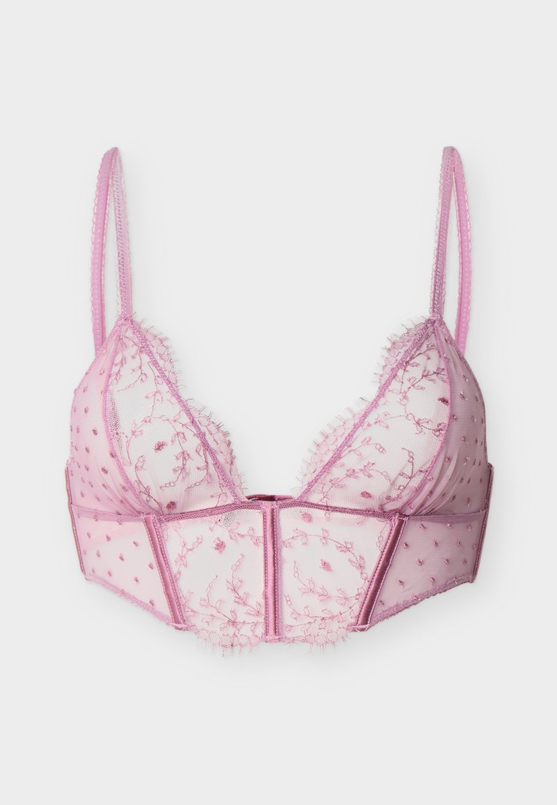 Ροζ δαντελένιο σουτιέν bralette με κεντήματα λουλουδιών, διάφανο ύφασμα, λεπτές ρυθμιζόμενες τιράντες και κούμπωμα μπροστά.