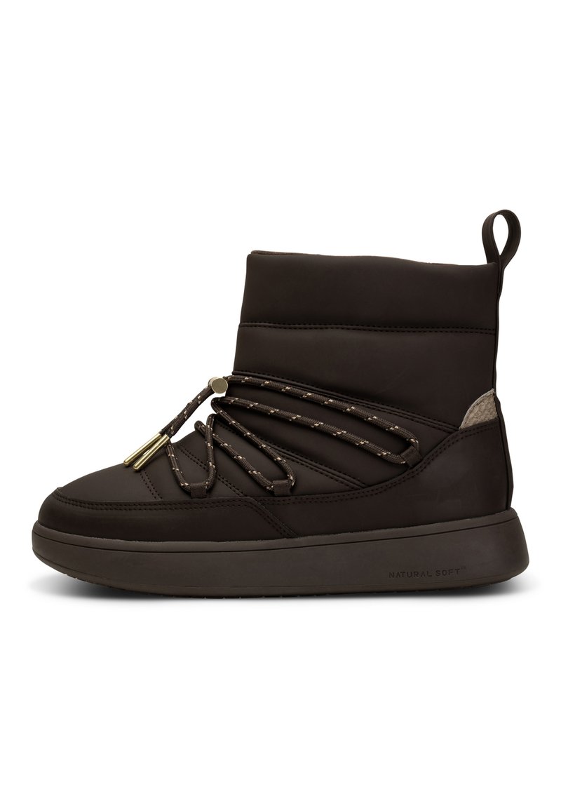 Bota de tobillo sintética marrón con parte superior acolchada, cordones decorativos y un panel lateral texturizado. Cuenta con una suela de goma plana y un asa de tirón.