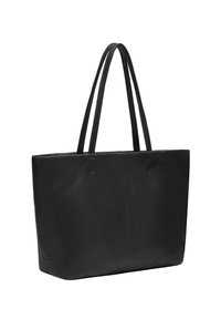 Czarna skórzana torba tote o prostokątnym kształcie, z podwójnymi uchwytami, gładką teksturą i minimalistycznym designem z subtelnymi detalami przeszycia.