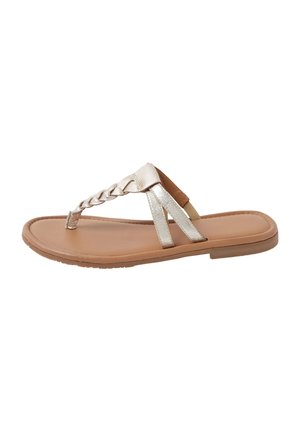 Flat sandal with tan sole and metallic braided strap over the foot and two metallic side straps forming a thong style design.