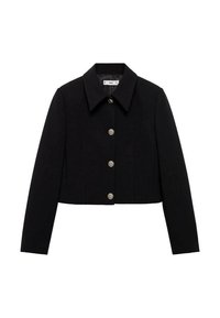 Chaqueta negra recortada con cuello con solapa, que presenta cinco botones metálicos en la parte delantera y mangas largas, hecha de tela texturizada.