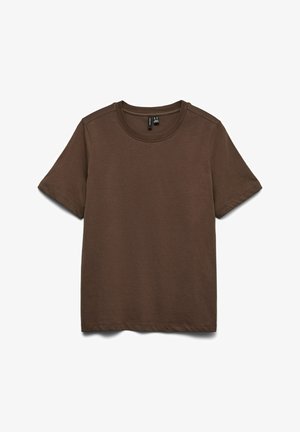 Καφέ βαμβακερό t-shirt με στρογγυλή λαιμόκοψη και κοντά μανίκια. Διαθέτει ομαλή υφή και άνετη εφαρμογή, χωρίς σχέδια ή διακοσμητικά στοιχεία.