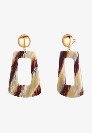 Zelta krāsas auskari ar taisnstūra pilienu dizainu, kas izgatavoti no marmora krēmkrāsas un brūnas akrila, ar gludu tekstūru un atvērtu centru.