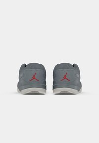 Sive tenisice s gornjim dijelom od antilopa, teksturiranim detaljima, gumenim potplatom i crvenim Jumpman logom na peti, s okruglim vrhom i niskim dizajnom.