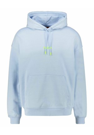 Haut à capuche bleu clair en mélange de coton, avec une poche frontale, une capuche à cordon de serrage, et une broderie de logo vert fluo.