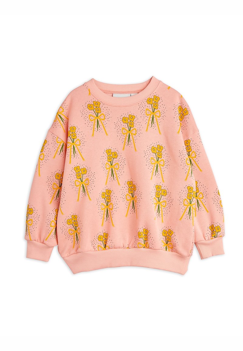 Sweat-shirt rose pour enfants avec un motif répété de bouquets de fleurs jaunes attachés par des nœuds, bordures côtelées aux poignets et à l'ourlet, encolure ronde.