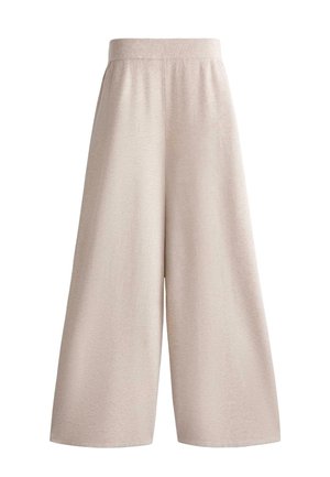 Helle beige, weit geschnittene Hose mit einem elastischen Bund, glatter Textur und ohne sichtbare Muster oder Verzierungen.