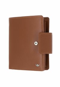 Portefeuille en cuir marron avec bords cousus, fermeture à bouton-pression et petit logo métallique dans le coin inférieur droit.