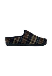 Pantofole a quadri con esterno in lana marrone, nera e rossa, dotate di suola in gomma scura e design slip-on. Tessuto morbido e stile casual.
