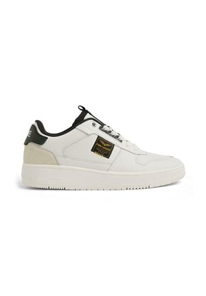 White low-top sneaker with black and beige accents, lace-up closure, and PME Legend logo patch on the side.