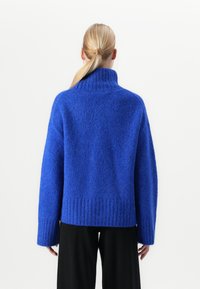 Frau mit blonden Haaren in einem niedrigen Dutt trägt einen leuchtend blauen, flauschigen Rollkragenpullover und lockere schwarze Hosen, mit dem Rücken zur Kamera vor einem weißen Hintergrund.