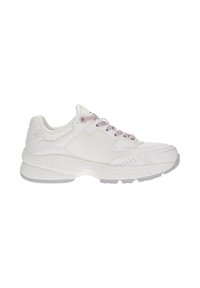 Zapatilla deportiva blanca con paneles de malla texturizada, cordones lavanda y una suela acolchada. La puntera redonda y el cuello acolchado mejoran la comodidad.