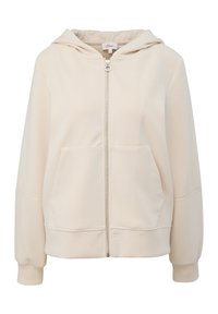 Sweat à capuche beige zippé avec poches avant, poignets côtelés et capuche attachée, présenté sur un fond blanc.