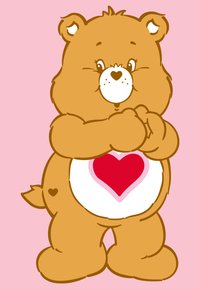 Brunbjörn karaktär med rundad form, vit mage med ett rött hjärta, rosa bakgrund och ett litet hjärta på vänster klo.