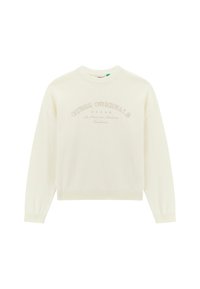 Cremefarbenes Sweatshirt mit Rundhalsausschnitt, langen Ärmeln, geripptem Saum und geprägtem "GUESS ORIGINALS"-Text auf der Vorderseite. Weicher Stoff, lässiges Design.