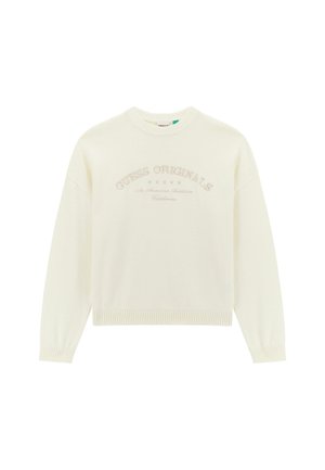 Cremefarbenes Sweatshirt mit Rundhalsausschnitt, langen Ärmeln, geripptem Saum und geprägtem "GUESS ORIGINALS"-Text auf der Vorderseite. Weicher Stoff, lässiges Design.