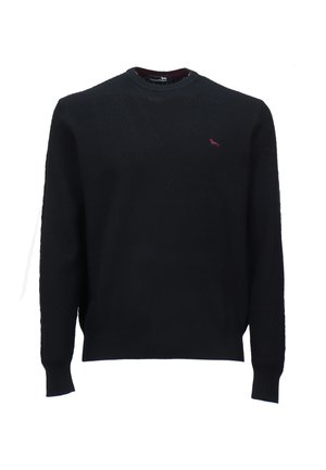 Maglione nero a maniche lunghe con un sottile motivo a zigzag e un piccolo logo di un cane rosso sul lato sinistro del petto, collo a giro, polsini e orlo a coste.