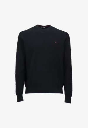 Czarny sweter z długim rękawem, delikatny wzór w zigzag oraz małe czerwone logo psa po lewej stronie klatki piersiowej, okrągły dekolt, ściągacze na rękawach i dolnym brzegu.