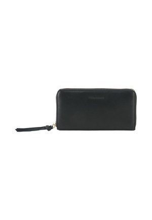 Portafoglio in pelle nera con chiusura a zip e una fascia da polso. Texture liscia con una leggera lucentezza e design minimale.