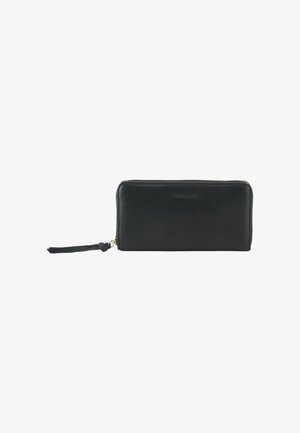 Black leather wallet with a zip closure and a wrist strap. Smooth texture with a subtle shine and minimalistic design finish.