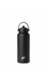 Schwarze isolierte Wasserflasche mit matter Oberfläche, abgerundetem Körper und schwarzem Schraubdeckel mit Tragegriff. Silbernes Logo am Boden.